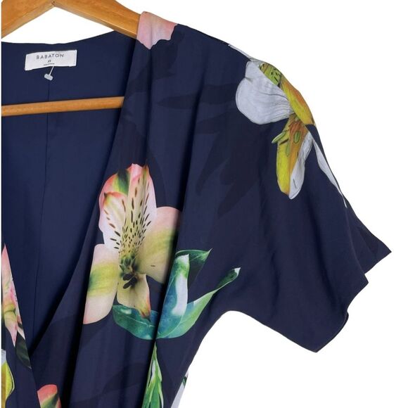 Aritzia Babaton Wallace Navy Floral Wrap Dress Short Sleeves Size XS - Picture 6 of 11